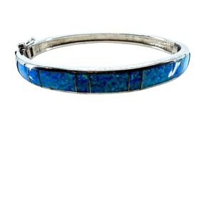 925 Sterling Silver Blue Box Clasp Fire Opal Inlay Hinged Bangle Bracelet Oval